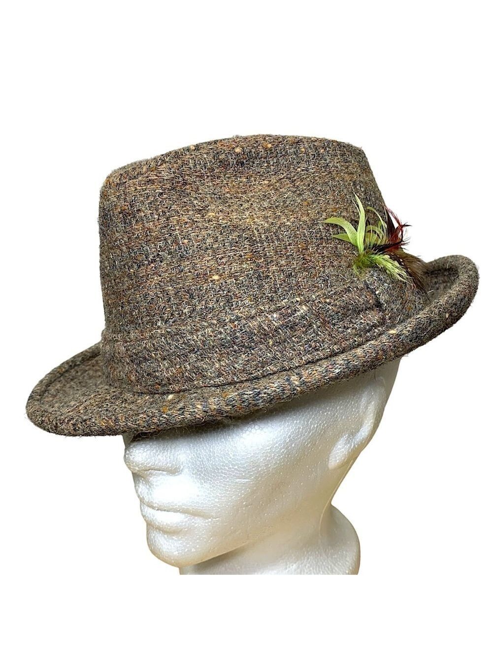 Vintage 70's Fedora Hat Tweed Wool  Brown Gray Feathers Union Tag USA Sz 6 7/8